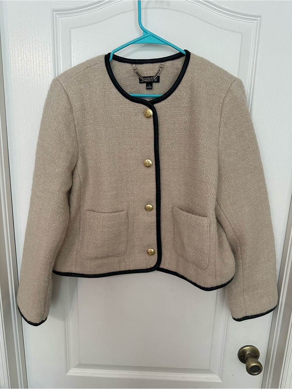 J.Crew Tweed Wool Blend Cropped Jacket Blazer Beige Gold Button 16